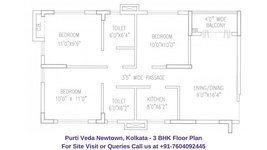Purti Veda Newtown Kolkata 3 BHK Floor Plan 1128 Sqft