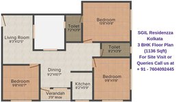 SGIL Residenzza Kolkata 3 BHK Floor Plan 1136 Sqft