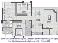 Earth Casa Central Subhanpura, Vadodara 3 BHK Floor Plan 1500 Sqft
