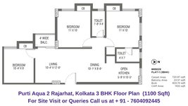 Purti Aqua 2 Rajarhat, Kolkata 3 BHK Floor Plan 1100 Sqft